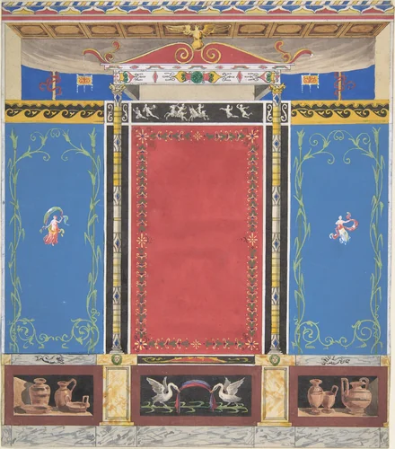 Painted Wall Decor Featuring Thin Column with a Pair of Swans and Trompe L'Oeil Vases at Base by Jules-Edmond-Charles Lachaise, drawing, 1797-1897