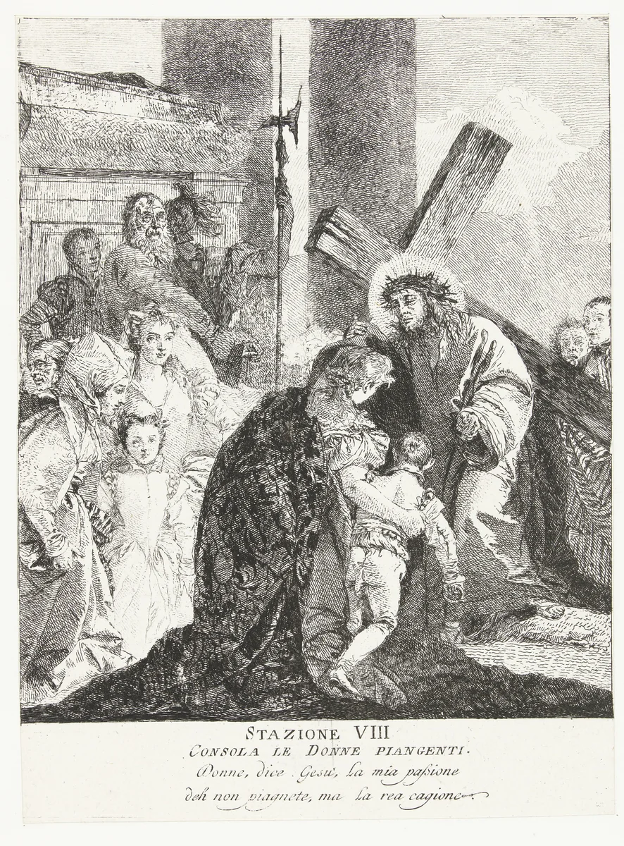 Christus troost huilende vrouwen tijdens kruisdraging by Giovanni Domenico Tiepolo, print, 1747-1749