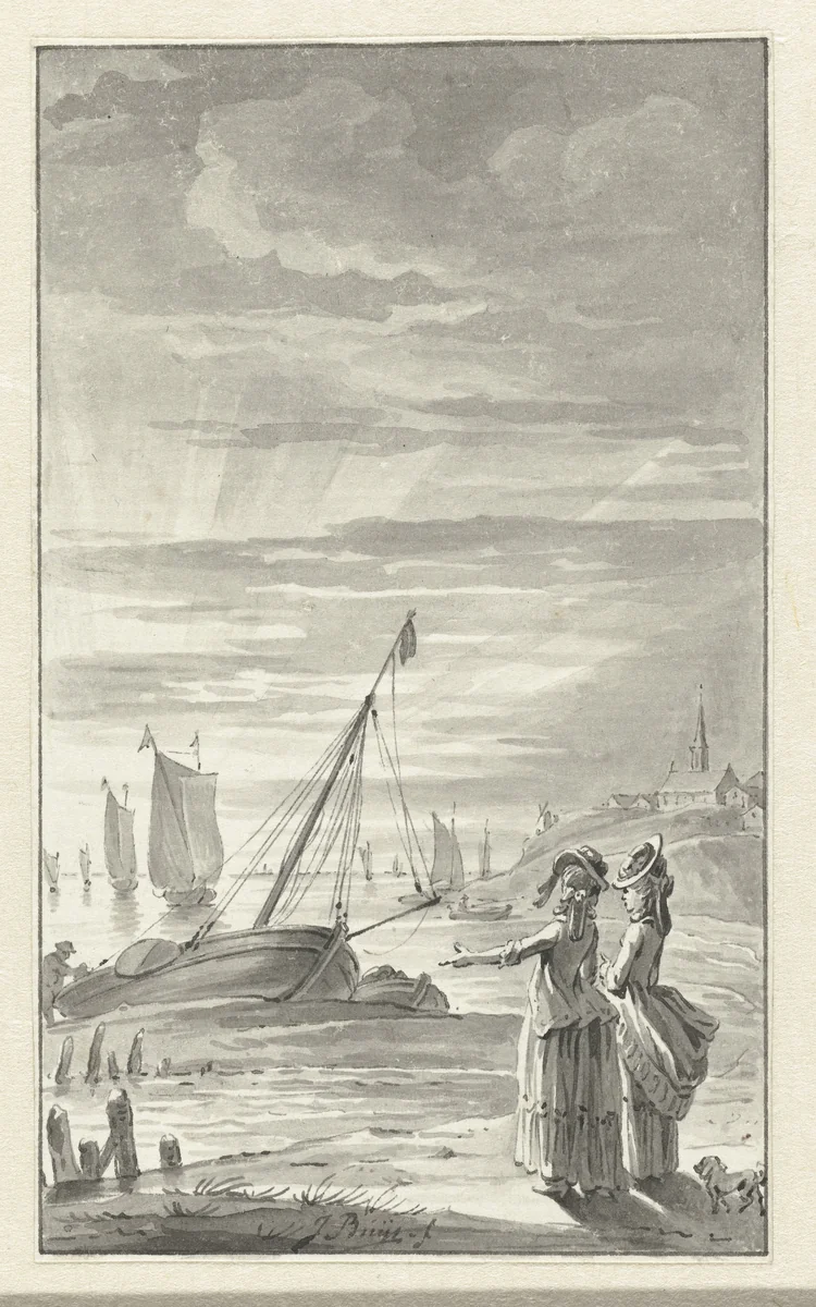 Strand met twee dames by Jacobus Buys, drawing, 1734-1801