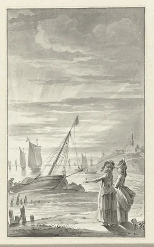 Strand met twee dames by Jacobus Buys, drawing, 1734-1801