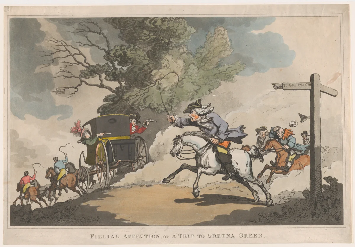 Filial Affection, or a Trip to Gretna Green by Thomas Rowlandson, print, 1785