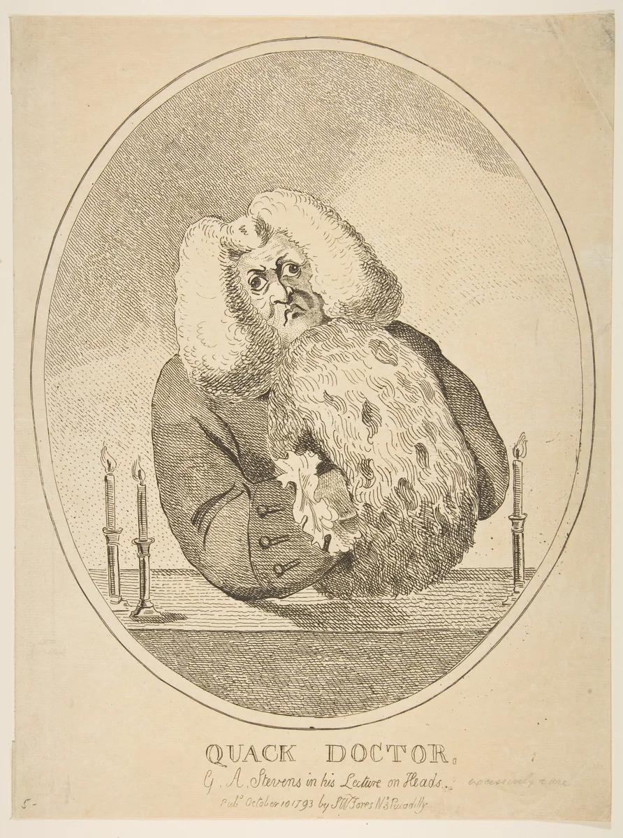 Quack Doctor, G. W. Stevens in His Lecture on Heads by Isaac Cruikshank, print, 1793
