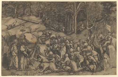 Moses striking the Rock by anonymous, print, 1530-1550