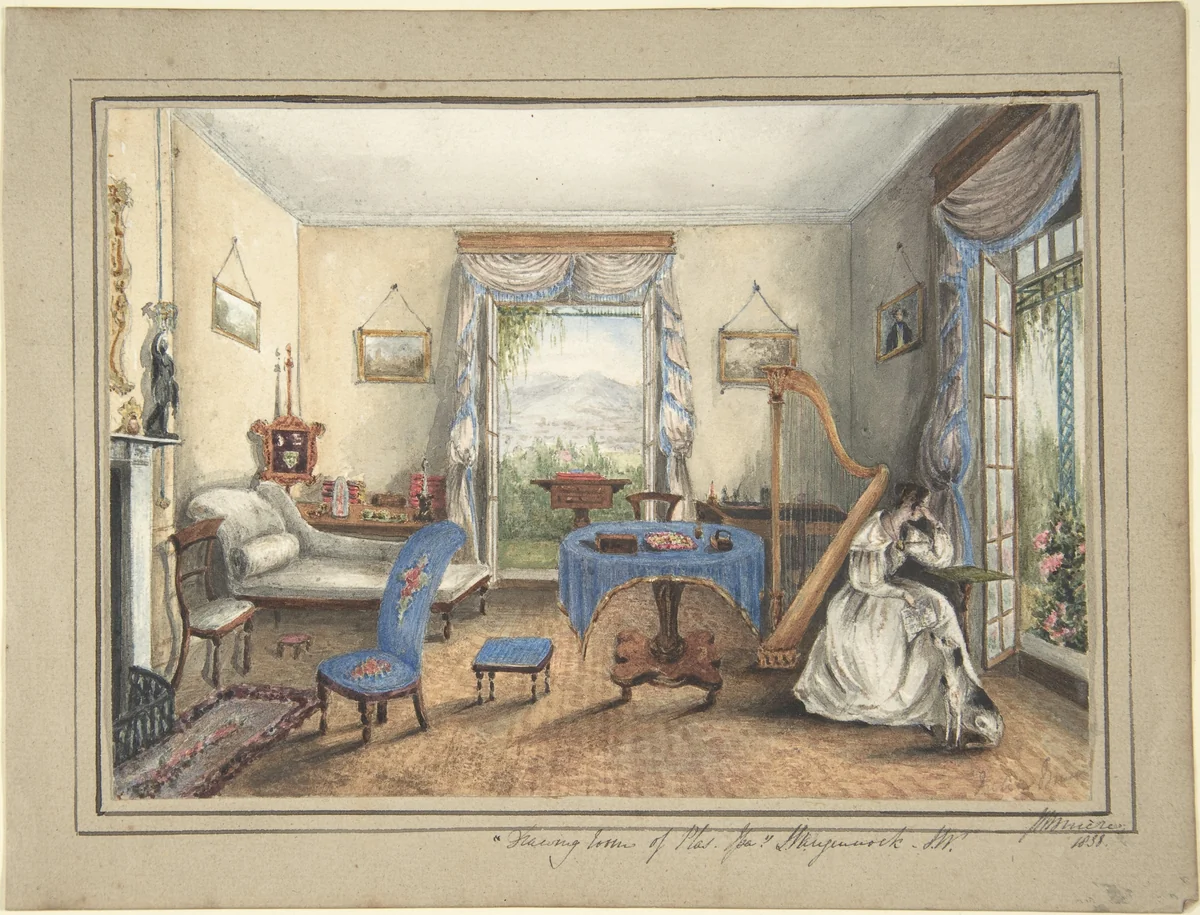 "Drawing Room of the Plas. Spa" by Julien Muère, drawing, 1838