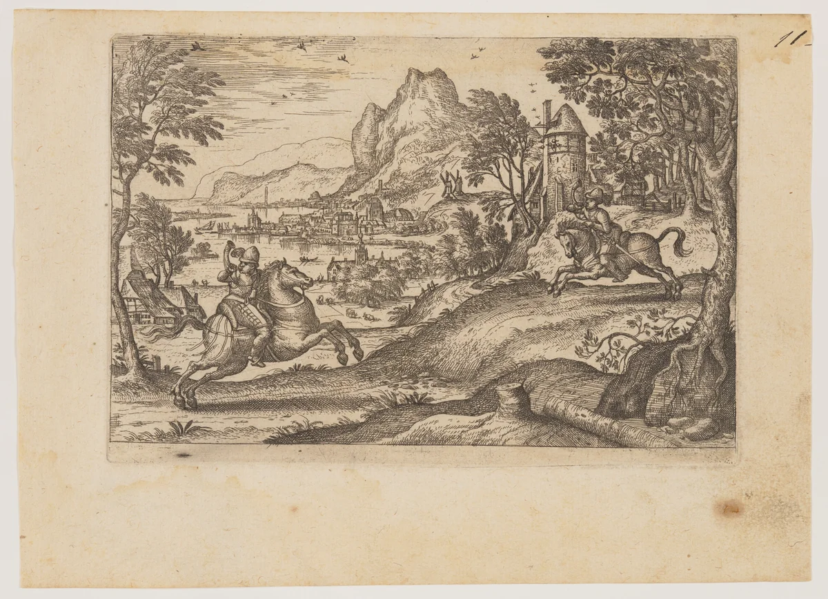 Two Riders and Herdsman by Pieter van der Borcht, print, 1565-1600