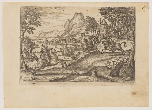 Two Riders and Herdsman by Pieter van der Borcht, print, 1565-1600