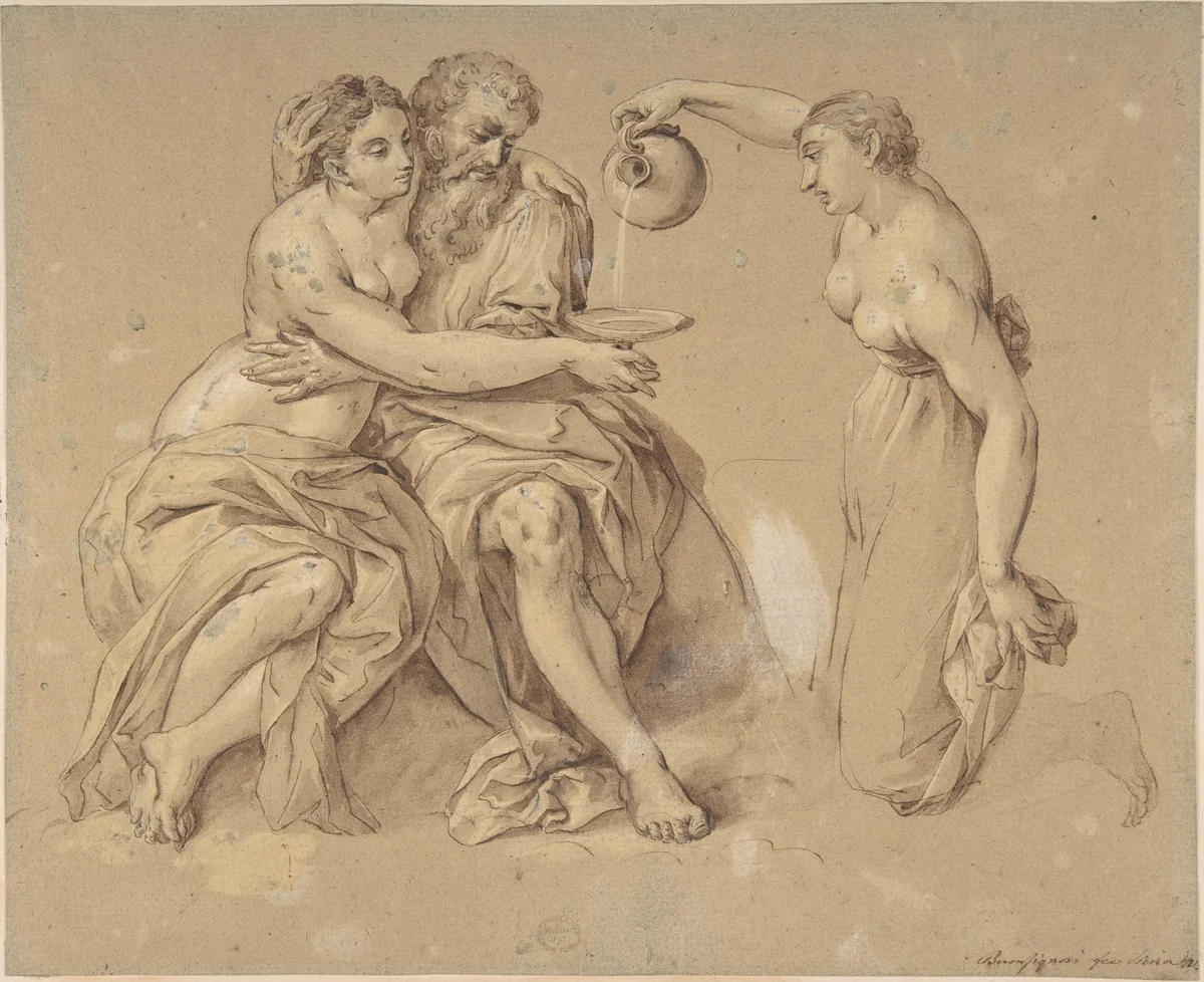 Lot and his Daughters by anonymous, drawing, 1600-1699