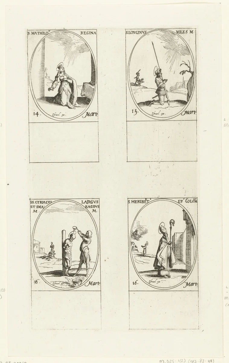 Heilige Mathildis van Duitsland, Heilige Longinus, Heilige Cyriacus, Heilige Largus en Heilige Smaragdus van Rome, Heilige Heribertus van Keulen (14-16 maart) by Jacques Callot, print, 1632-1636