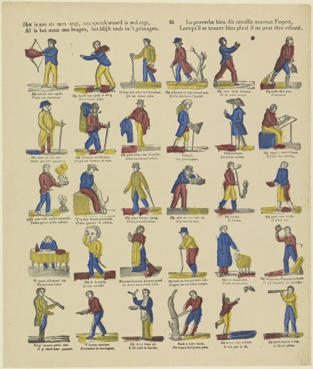 Het is zoo als men zegt, Een spreekwoord is wel regt, / Al is het soms een leugen, het blijft toch in 't geheugen / Le proverbe bien dit réveille souvent l'esprit, / Lorsqu'il se trouve bien placé il ne peut être rébuté by Philippus Jacobus Brepols, print, 1800-1833
