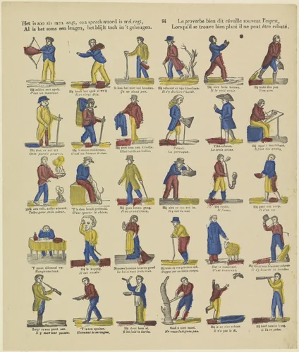 Het is zoo als men zegt, Een spreekwoord is wel regt, / Al is het soms een leugen, het blijft toch in 't geheugen / Le proverbe bien dit réveille souvent l'esprit, / Lorsqu'il se trouve bien placé il ne peut être rébuté by Philippus Jacobus Brepols, print, 1800-1833