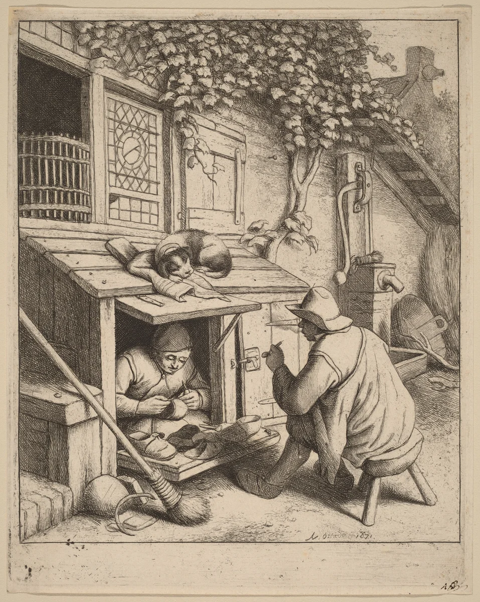 Smoker on a Stool Conversing with a Cobbler at Work by Adriaen van Ostade, print, 1671