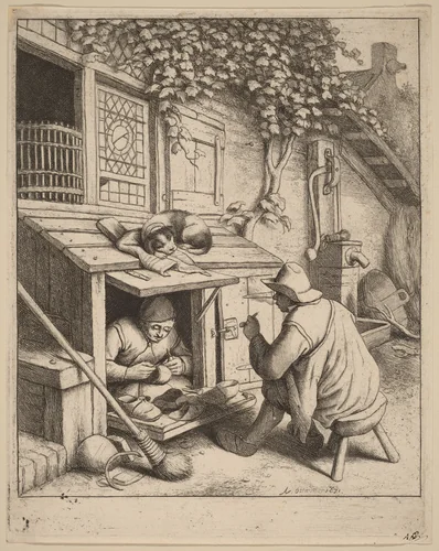 Smoker on a Stool Conversing with a Cobbler at Work by Adriaen van Ostade, print, 1671
