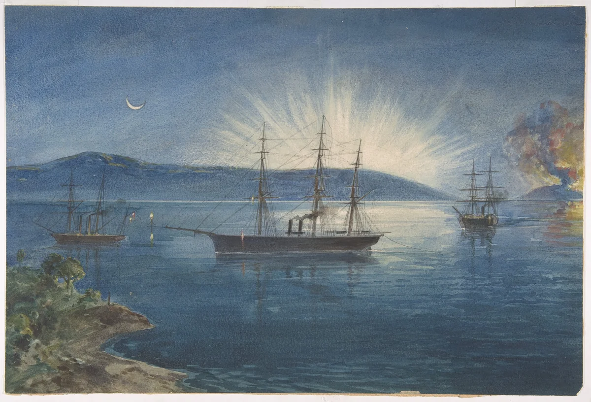The Bay of Bull Arms, Trinity Bay, Newfoundland, Bonfires Lighted on the Hills to Notify of the Arrival of the Cable Fleet on August 5th, 1858 by Robert Charles Dudley, drawing, 1865-1866