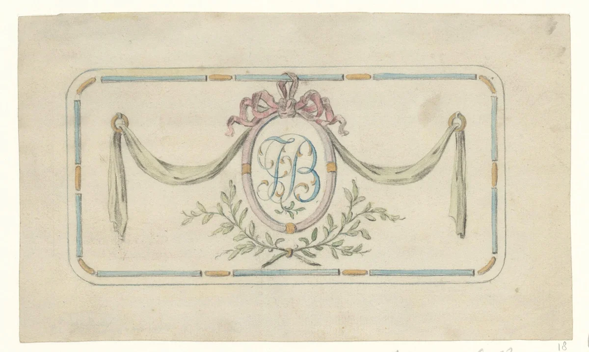 Initialen JB in een medaillon by anonymous, drawing, 1750-1799