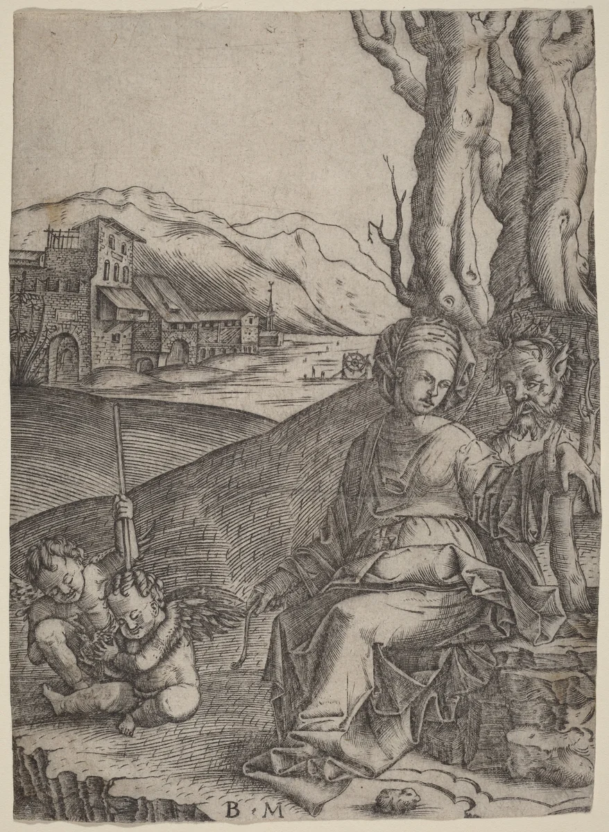 Woman and Satyr with Two Cupids by Benedetto Montagna, print, 1506-1512