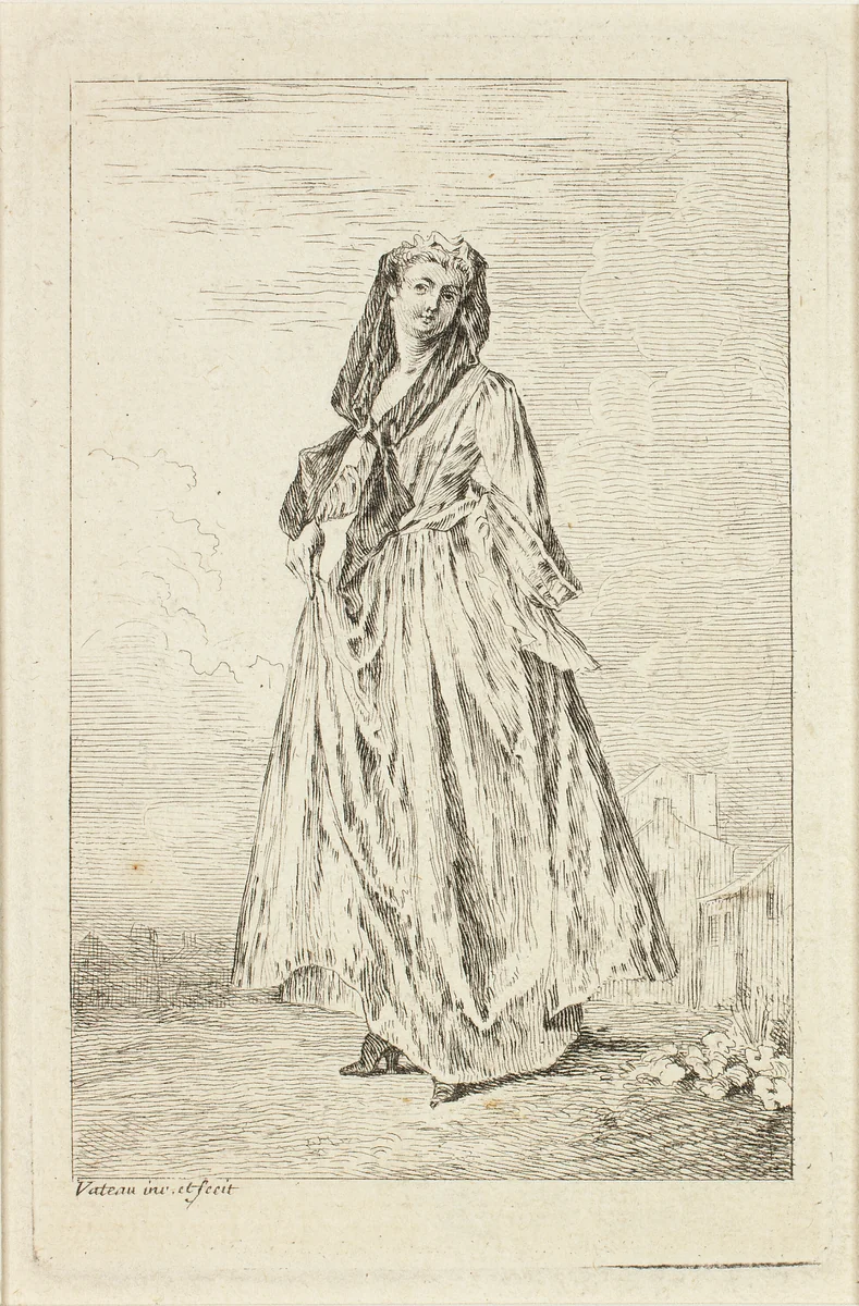 Walking Woman Holding her Skirt, from Figures de modes by Jean-Antoine Watteau, print, 1705-1715