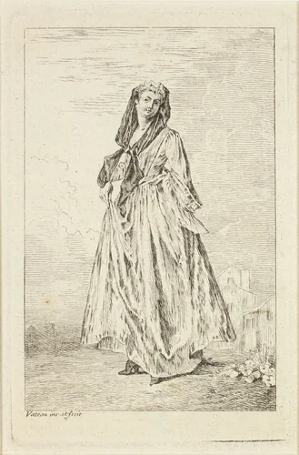 Walking Woman Holding her Skirt, from Figures de modes by Jean-Antoine Watteau, print, 1705-1715