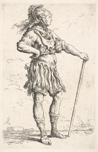 A warrior facing right wearing a plumed helmet and holding a staff, from "Figurine" by Salvator Rosa, print, 1651-1661
