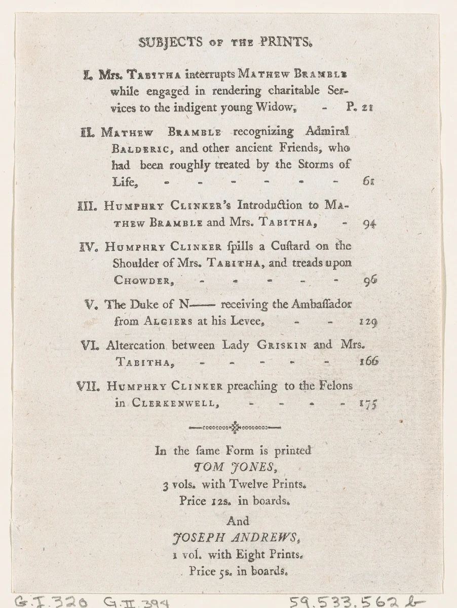 List of Plates I-VII, from Tobias Smollett's "The Expedition of Humphry Clinker" (London, 1793), Vol. 1 by Thomas Rowlandson, print, 1793