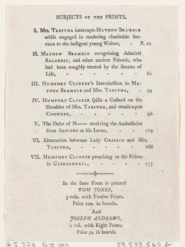 List of Plates I-VII, from Tobias Smollett's "The Expedition of Humphry Clinker" (London, 1793), Vol. 1 by Thomas Rowlandson, print, 1793