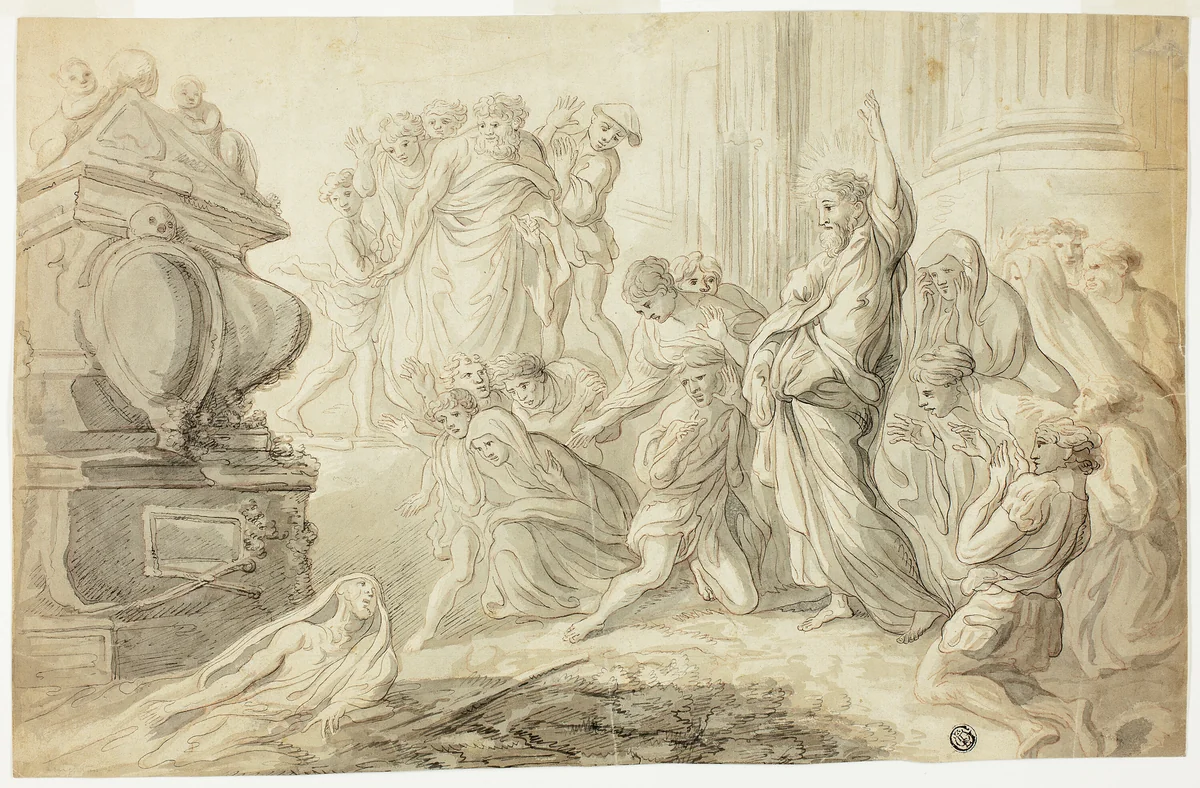 Raising of Lazarus (recto); Travelers with Cart Outside Inn (verso) by Giovanni Benedetto Castiglione, drawing, 1700-1799
