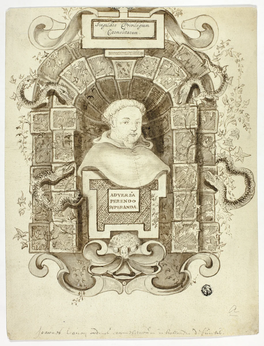 Bust Portrait of Carmelite Monk in Niche by Johannes Lanoy, drawing, 1700-1799