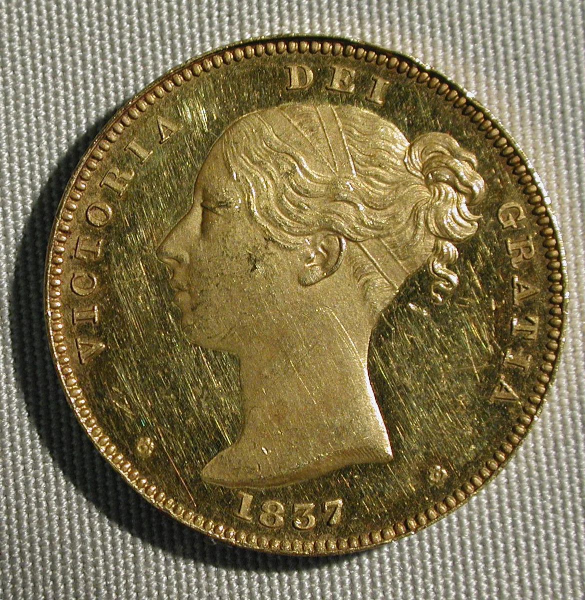 Victoria proof sovereign by William Wyon, metalwork, 1837
