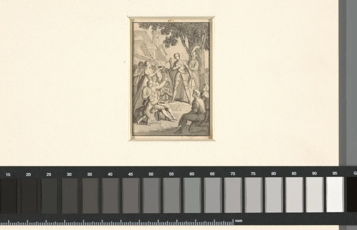 Held in een harnas temidden van dorpelingen by Sigmund Ferdinand von Perger, drawing, 1788-1841