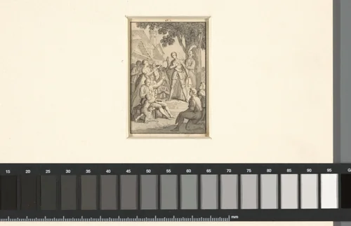 Held in een harnas temidden van dorpelingen by Sigmund Ferdinand von Perger, drawing, 1788-1841