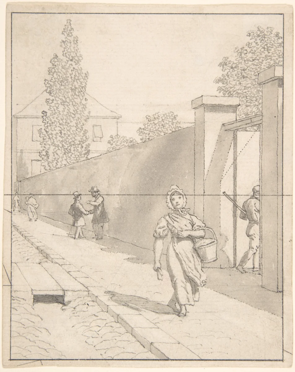 View of Charlottenborg Palace in Copenhagen with the Old Botanical Garden and Figures by Christoffer Wilhelm Eckersberg, drawing, 1833-1843