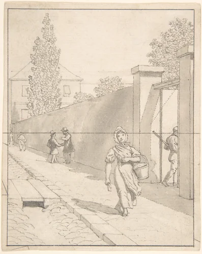 View of Charlottenborg Palace in Copenhagen with the Old Botanical Garden and Figures by Christoffer Wilhelm Eckersberg, drawing, 1833-1843