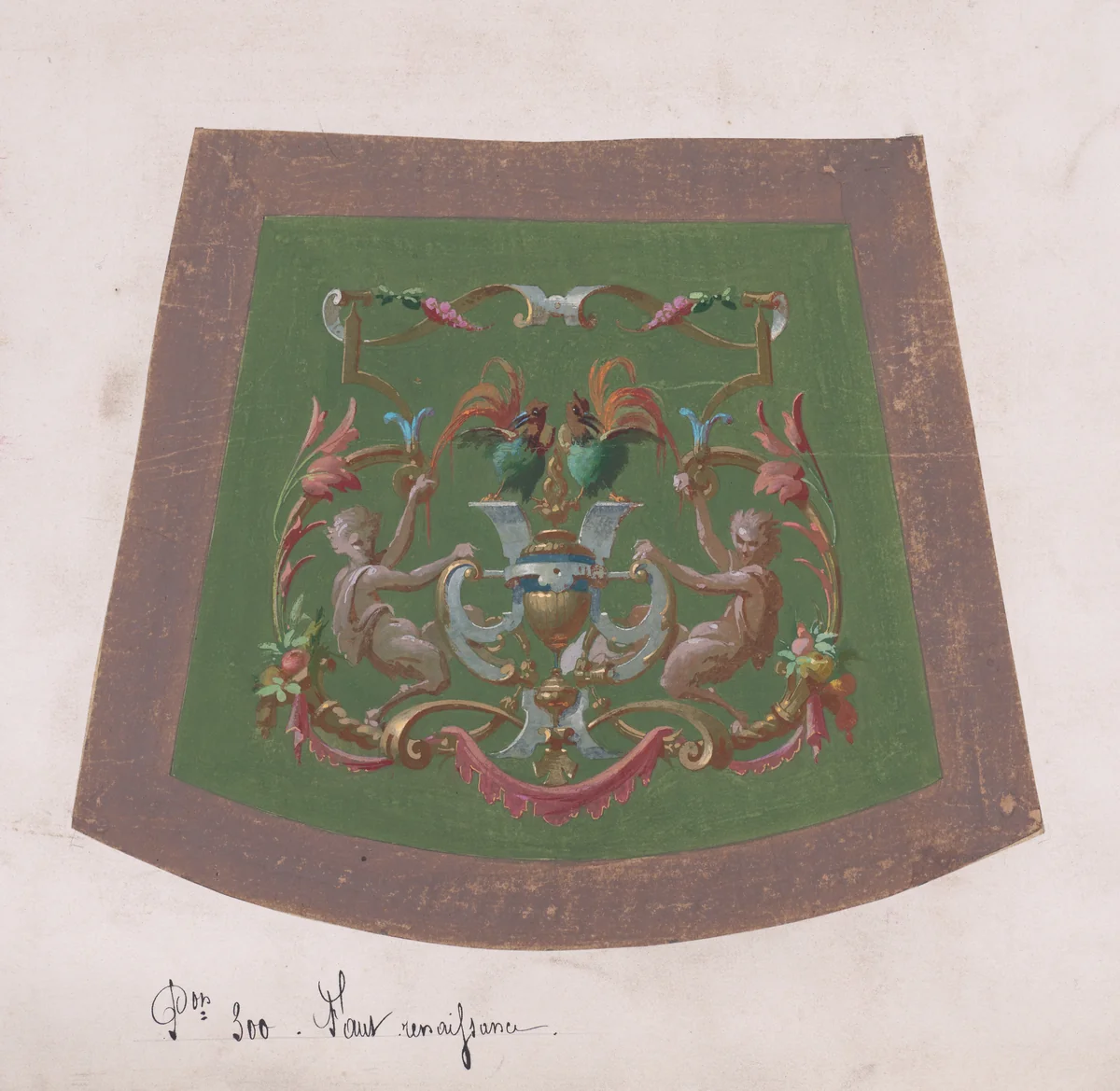 Design for a Chair Seat Cover with a Classical-Inspired Vase with Two Handles, Two Exotic Birds and Two Half-Human Grotesque Figures Inside an Ornamental Frame with Two Cornucopias Holding Bundles of Leaves and Fruits and Decorated Scrolls of Leaves and Flowers by anonymous, drawing, 1870-1900
