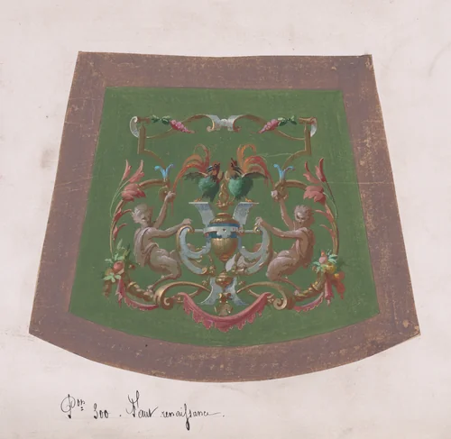 Design for a Chair Seat Cover with a Classical-Inspired Vase with Two Handles, Two Exotic Birds and Two Half-Human Grotesque Figures Inside an Ornamental Frame with Two Cornucopias Holding Bundles of Leaves and Fruits and Decorated Scrolls of Leaves and Flowers by anonymous, drawing, 1870-1900