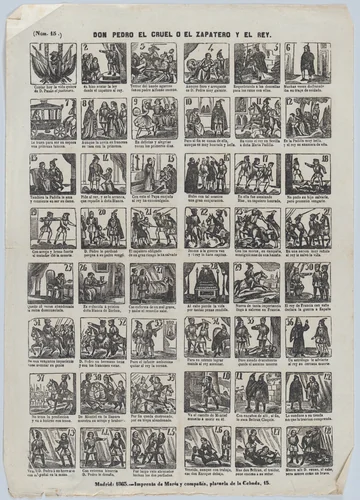 Broadside with 48 scenes depicting the story of Don Pedro the Cruel, or, the Shoemaker and the king by José María Marés, print, 1863