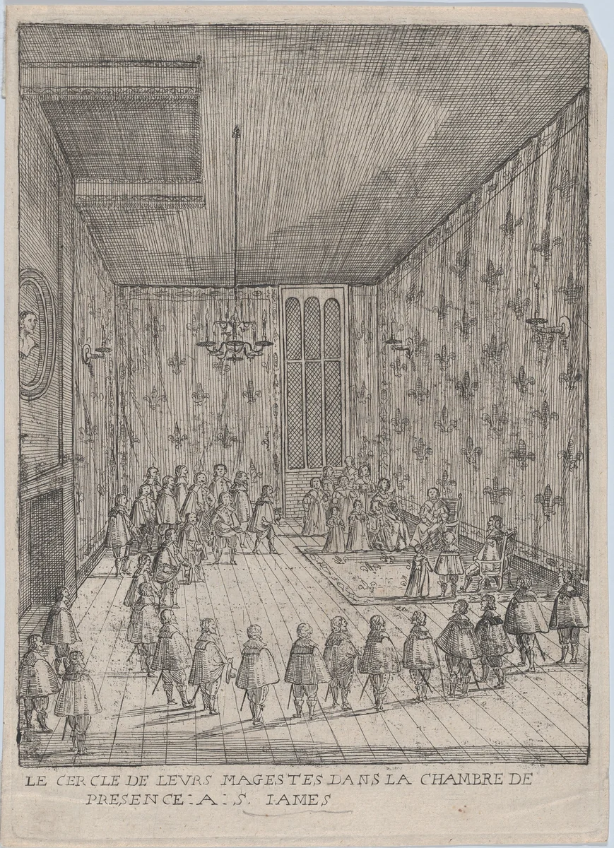Le Cercle De Leurs Magestes Dans La Chambre De Presence: A: S. Iames; illustration from 'Histoire de l'entrée de la Reyne Mère dans la Grande Brètaigne' by anonymous, print, 1639