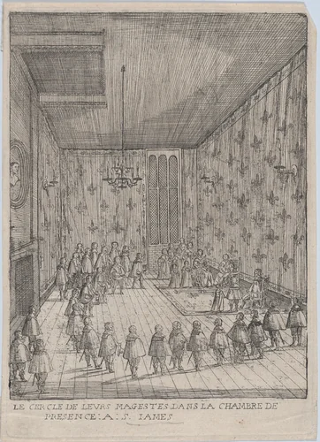 Le Cercle De Leurs Magestes Dans La Chambre De Presence: A: S. Iames; illustration from 'Histoire de l'entrée de la Reyne Mère dans la Grande Brètaigne' by anonymous, print, 1639