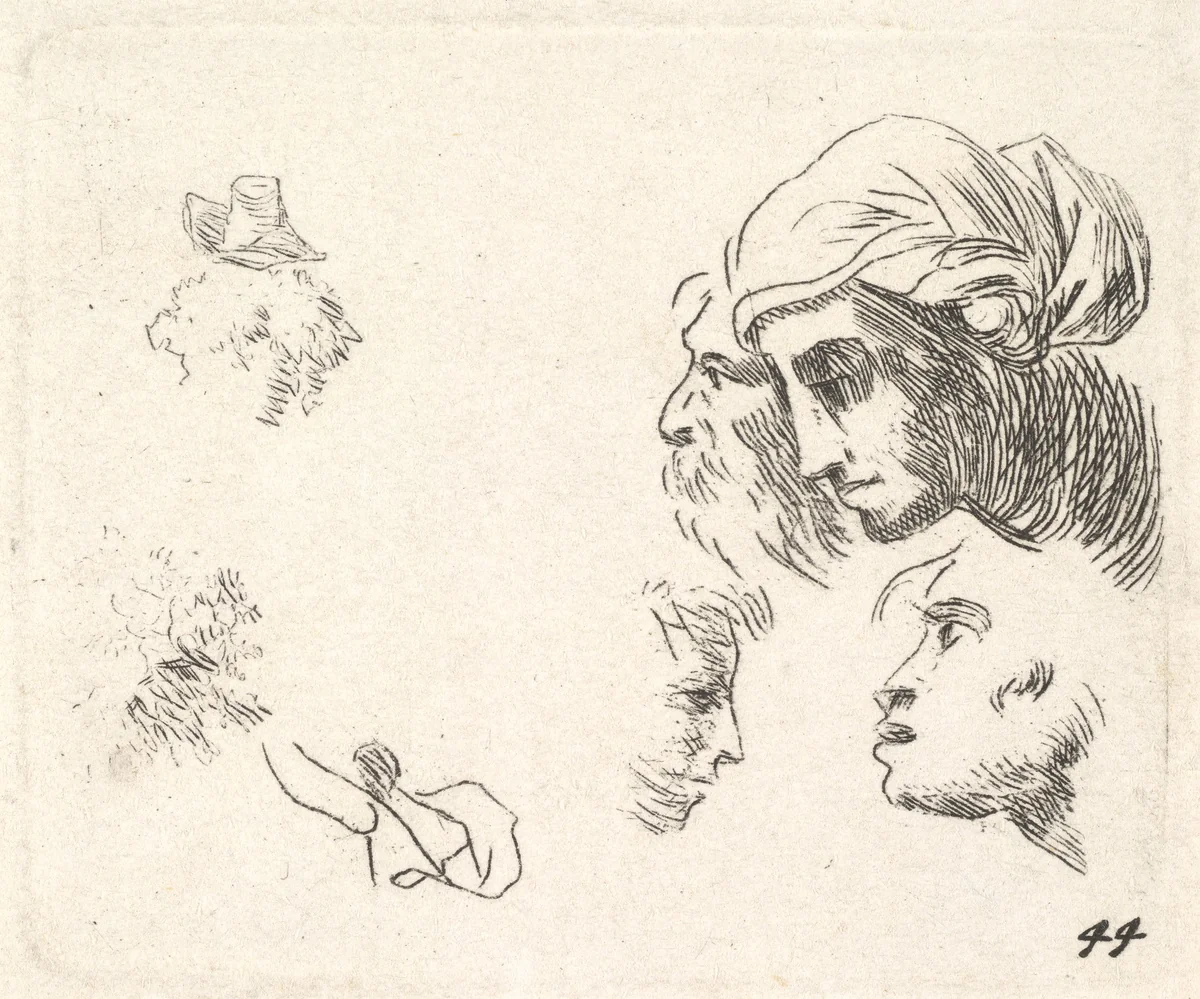 Study of heads in profile view, a woman with headcloth and bearded man whose heads overlap above, two facing profiles below by Karel Dujardin, print, 1641-1678