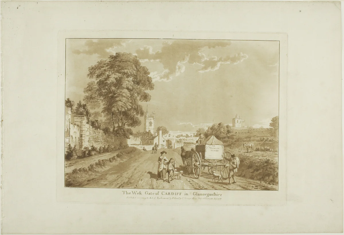 The West Gate of Cardiff in Glamorshire, plate one from Twelve Views in Wales by Paul Sandby, print, 1777