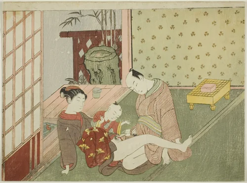 Lovers with Young Attendant Looking on, from an untitled series of erotic prints by Suzuki Harunobu (鈴木春信), print, 1761-1770
