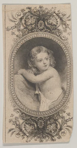 Banknote motif: a child's portrait and two patterned ovals surrounded by a floral frame by Asher Brown Durand, print, 1819-1837
