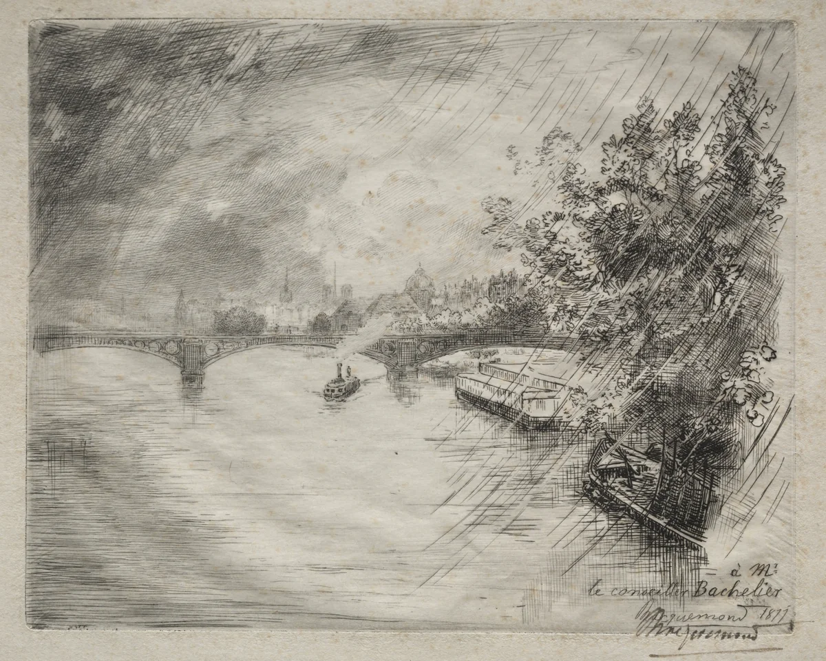 View of the Bridge of Saint-Pères by Félix Bracquemond, print, 1877