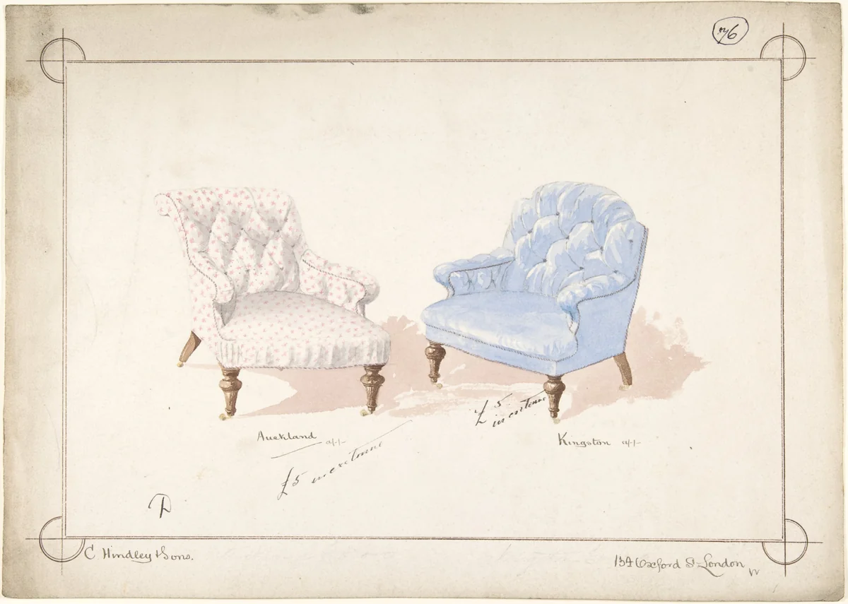 Designs for Two Chairs by Charles Hindley and Sons, drawing, 1841-1884