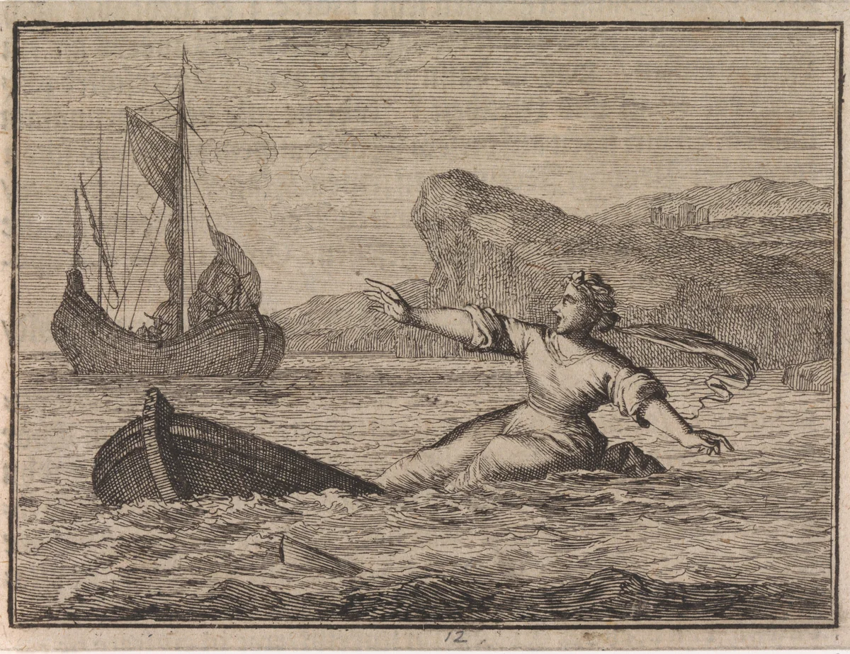 Vrouw op een zinkende boot by Caspar Luyken, print, 1710