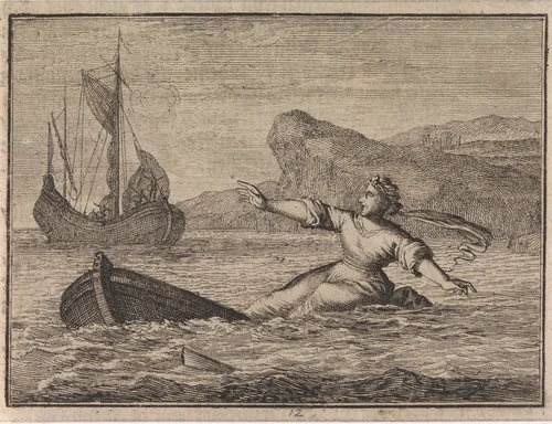 Vrouw op een zinkende boot by Caspar Luyken, print, 1710