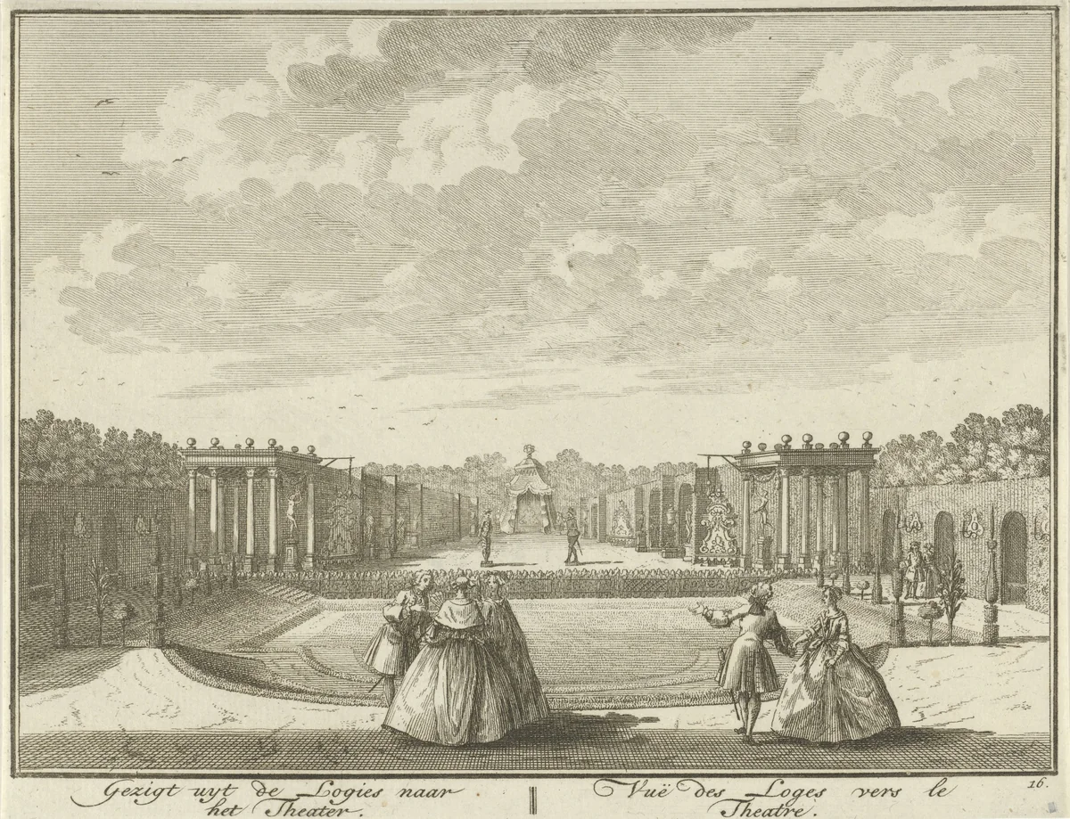 Openluchttheater in de tuin van Huis ter Meer te Maarssen by Hendrik de Leth, print, 1740
