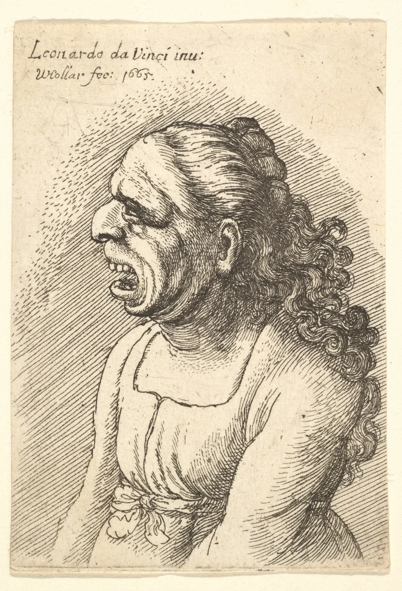 Bust of woman with wide-open mouth and long curly hair falling over her shoulders, wearing low-cut dress with ribbon round her waist, in profile to left by Wenceslaus Hollar, print, 1665