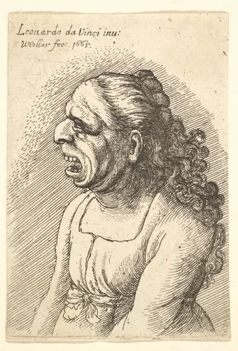 Bust of woman with wide-open mouth and long curly hair falling over her shoulders, wearing low-cut dress with ribbon round her waist, in profile to left by Wenceslaus Hollar, print, 1665