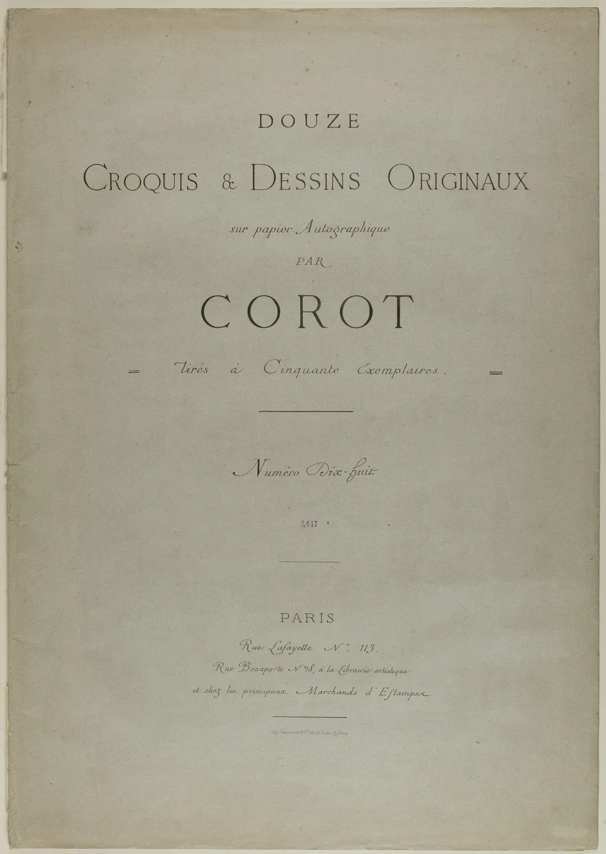 Cover and Text for Album Douze Croquis et Dessins Originaux by Jean-Baptiste-Camille Corot, print, 1871