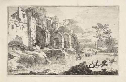Landschap met ruïne en herder by Jan Smees, print, 1705-1729