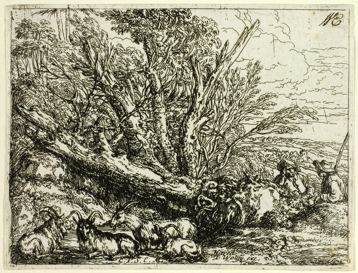 Italian Landscape with Ruins by Jonas Umbach, print, 1644-1693